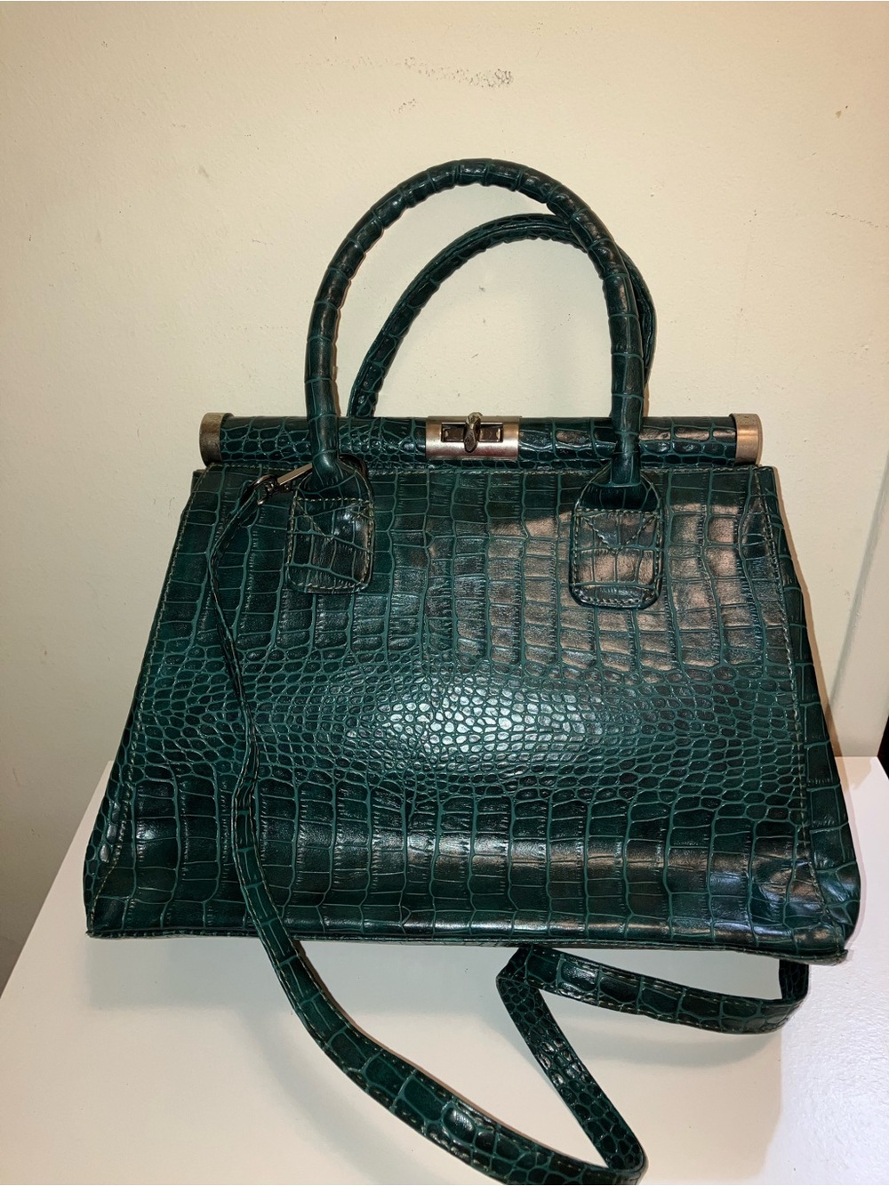 Structured Croc-Embossed Top-Handle Bag in Deep Green